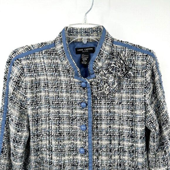 ANNE CARSON jacket blazer silk nubby boucle broach pockets office blue petite PL - Picture 2 of 6